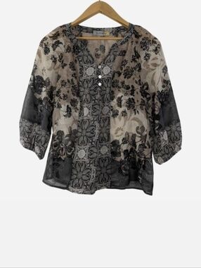 Figueroa & Flower Sheer Floral Blouse Black Taupe Mixed Print Petite Medium